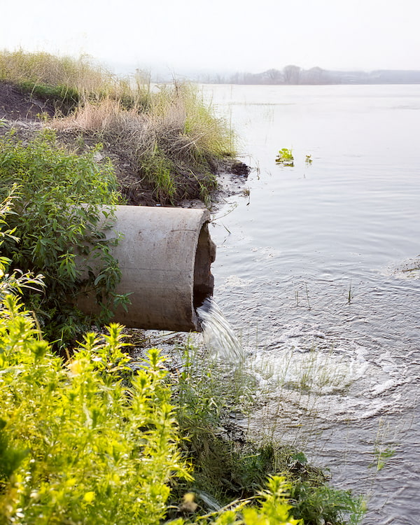 Stormwater pipe discharging water into a pond surrounded by vegetation, illustrating stormwater management and maintenance.